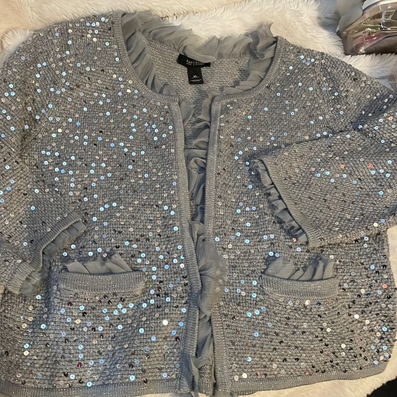 White House Black Market Sweaters - White House Black Market Women's Cardigan Sweater Gray Silver Sequins Ruffle XL